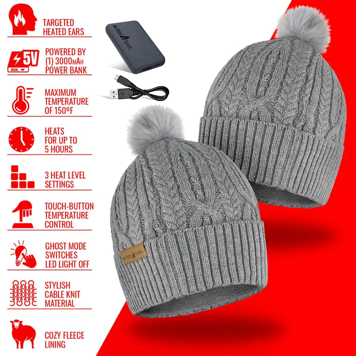 ActionHeat 5V Battery Heated Cable Knit Beanie