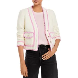 AQUA Ladies White Boucle Jacket w/ Pink Trim, Button Up