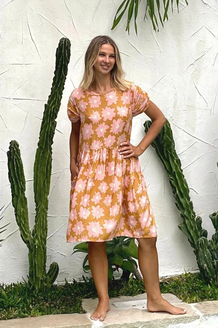 Babydoll Juliet Dress - Pink Mustard Blooms