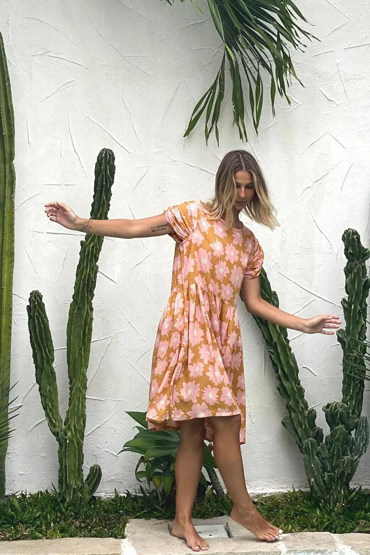 Babydoll Juliet Dress - Pink Mustard Blooms