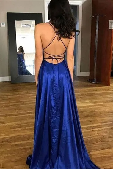 Backless Spaghetti Straps Flowy Prom Dress with Slits | Simple Prom Formal Dress