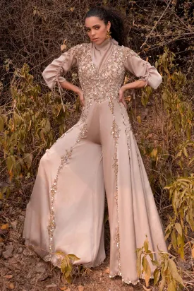 Beige Gold Embroidered Jumpsuit