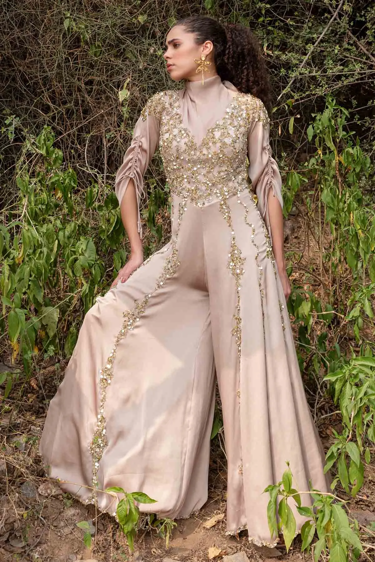 Beige Gold Embroidered Jumpsuit