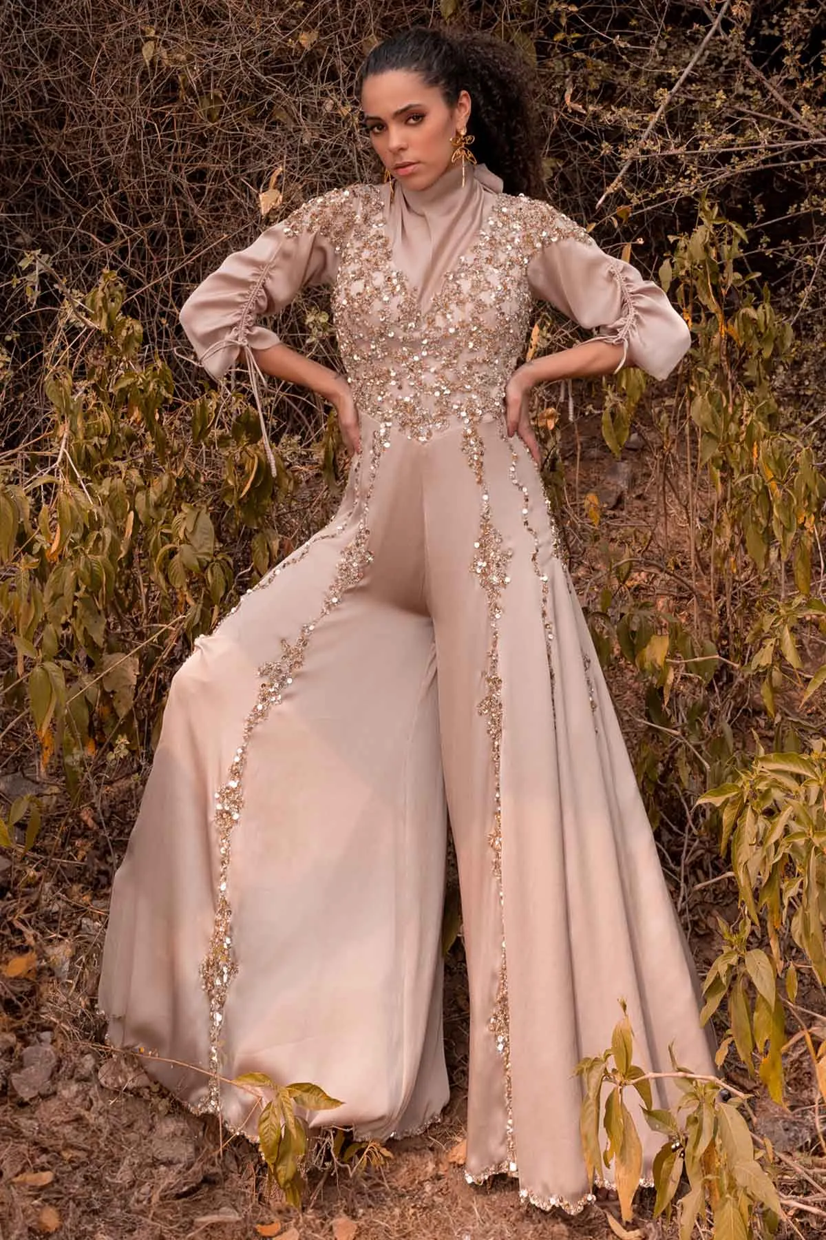 Beige Gold Embroidered Jumpsuit