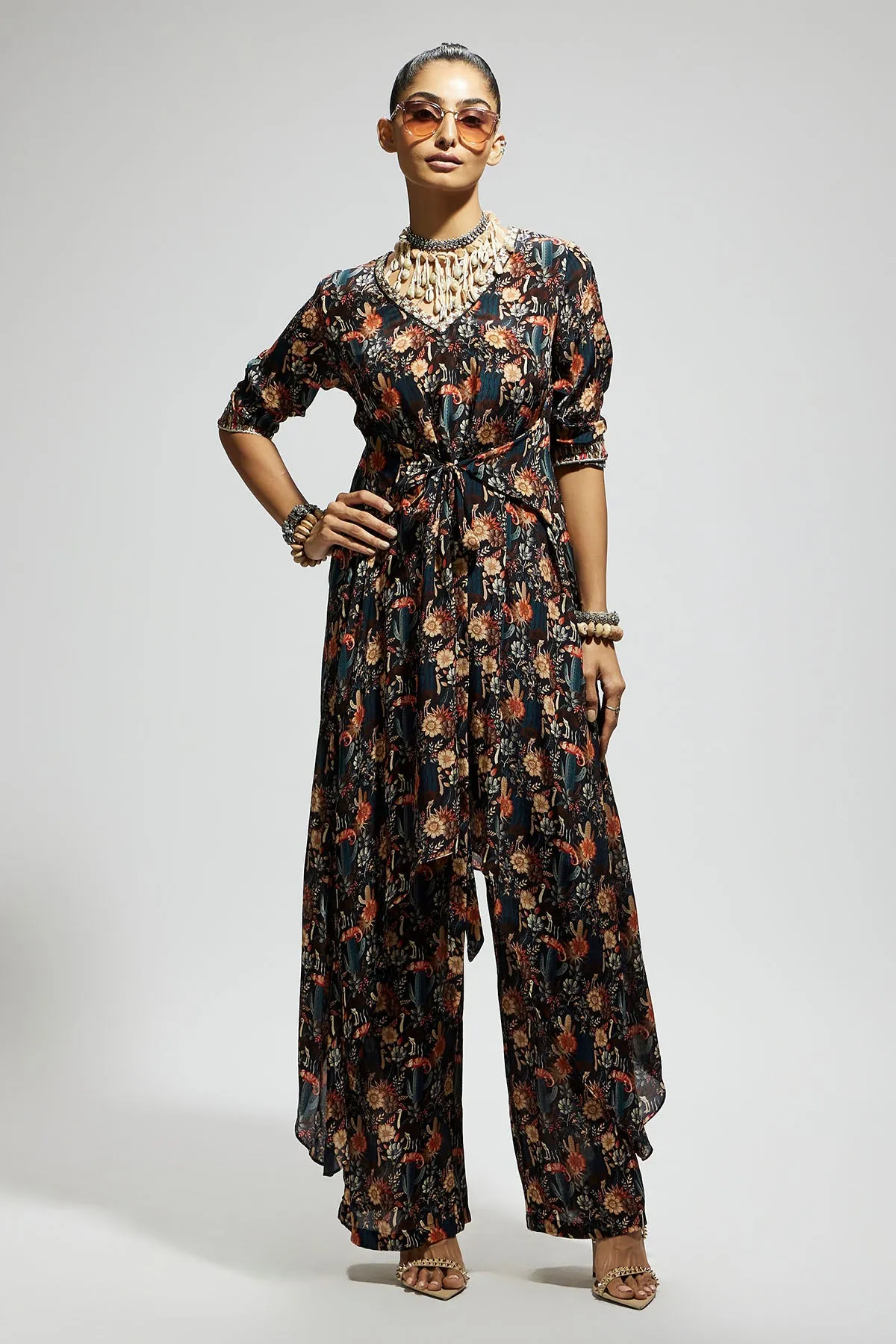 Black Jaal Print Front Tie up Tunic