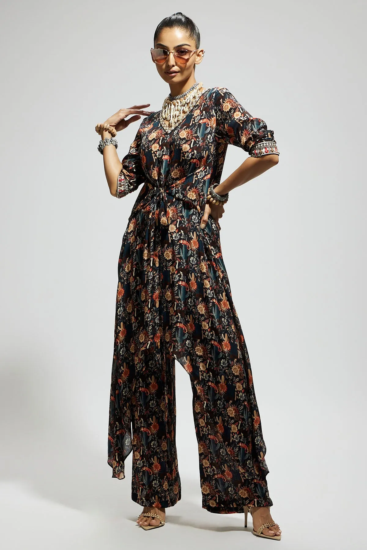 Black Jaal Print Front Tie up Tunic