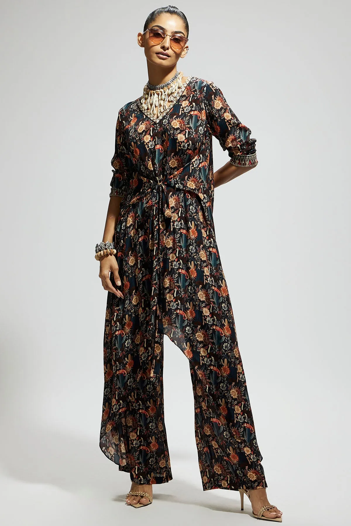 Black Jaal Print Front Tie up Tunic