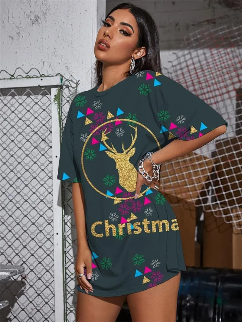 Christmas T-shirt Women Deer Shirt Print Animal Funny T shirts Snowflake Summer