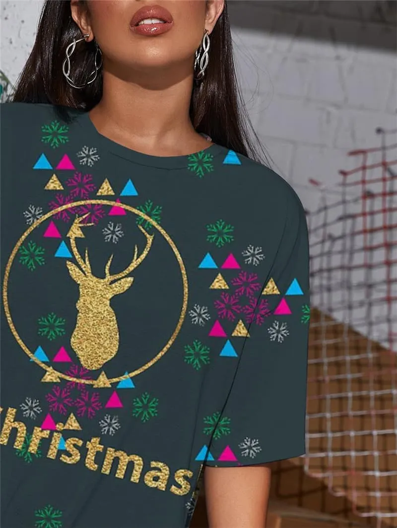 Christmas T-shirt Women Deer Shirt Print Animal Funny T shirts Snowflake Summer