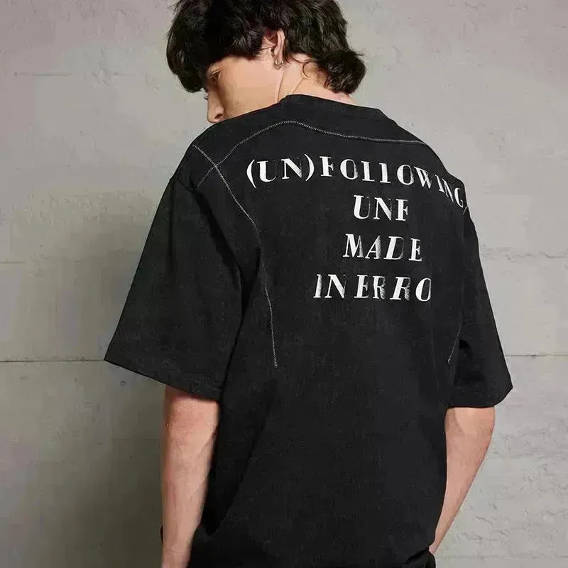 Craft Stitching Letter Printing Fried Color Distressed Round Neck Short Sleeve T-shirt