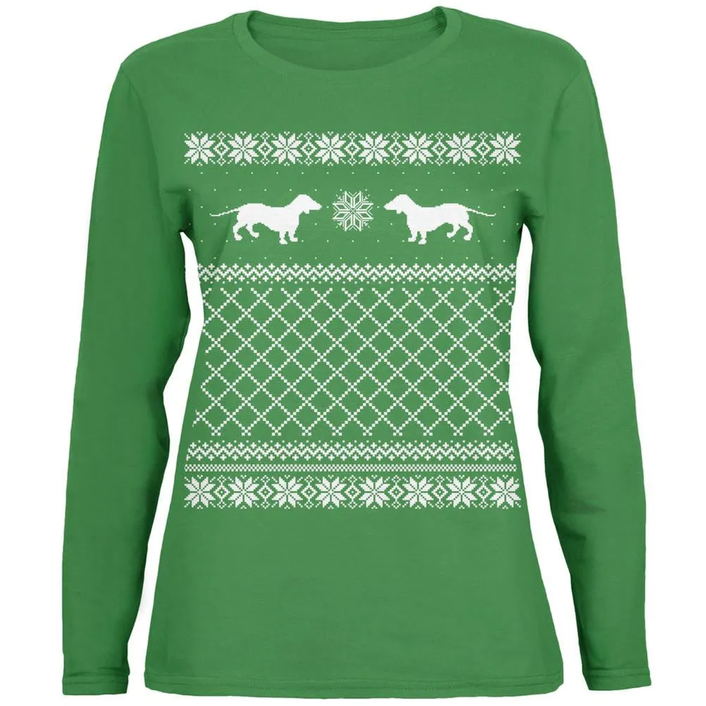 Dachshund Ugly Christmas Sweater Green Womens Long Sleeve T-Shirt