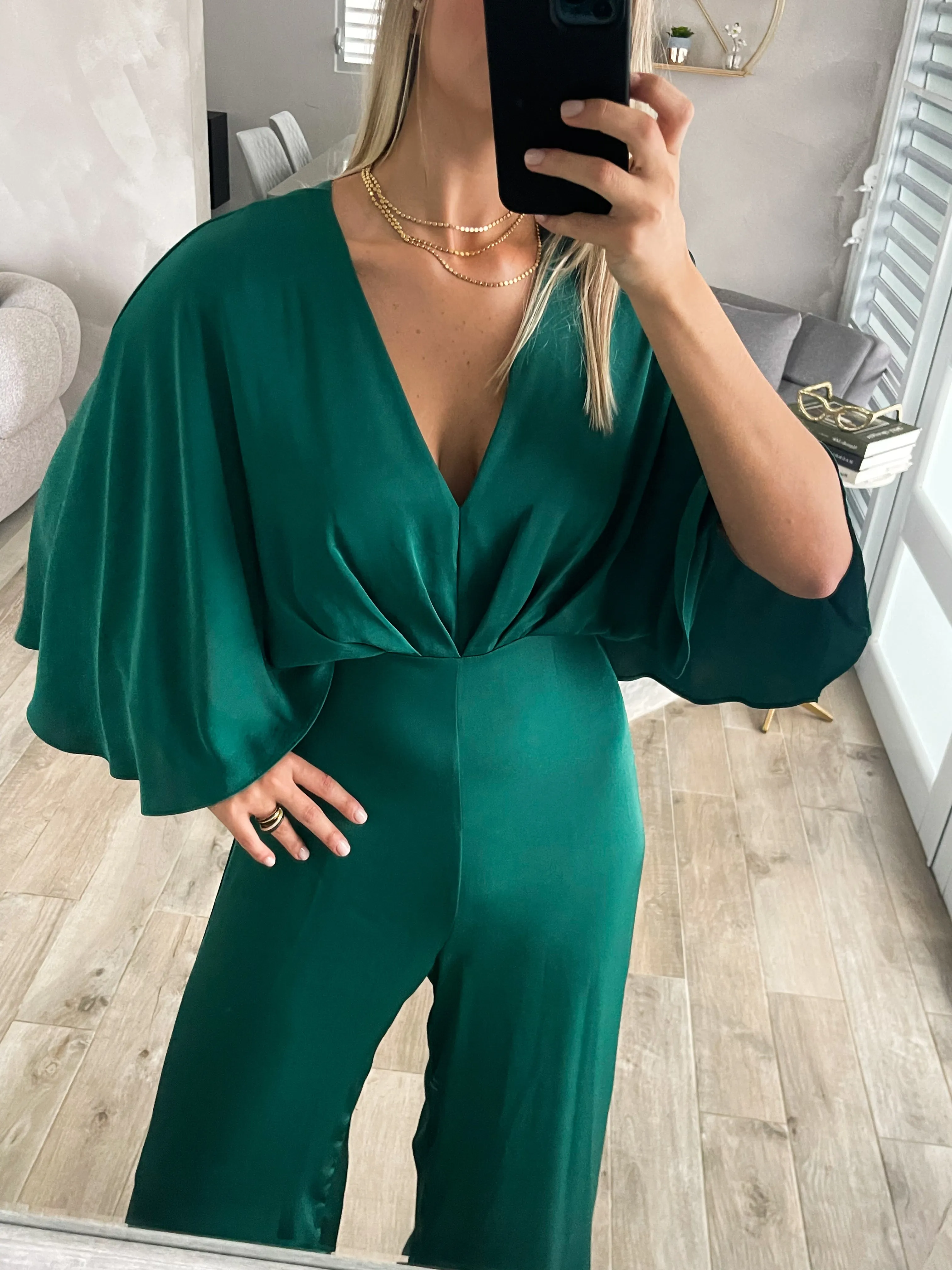 DARK GREEN SILKY CAPE JUMPSUIT