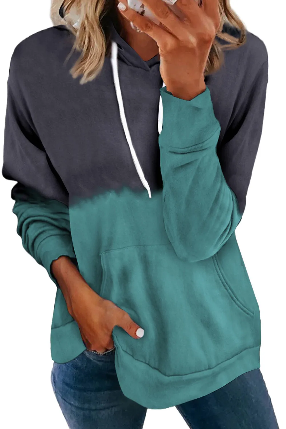Dip-Dye Colorblock Kangaroo Pocket Drawstring Hoodie