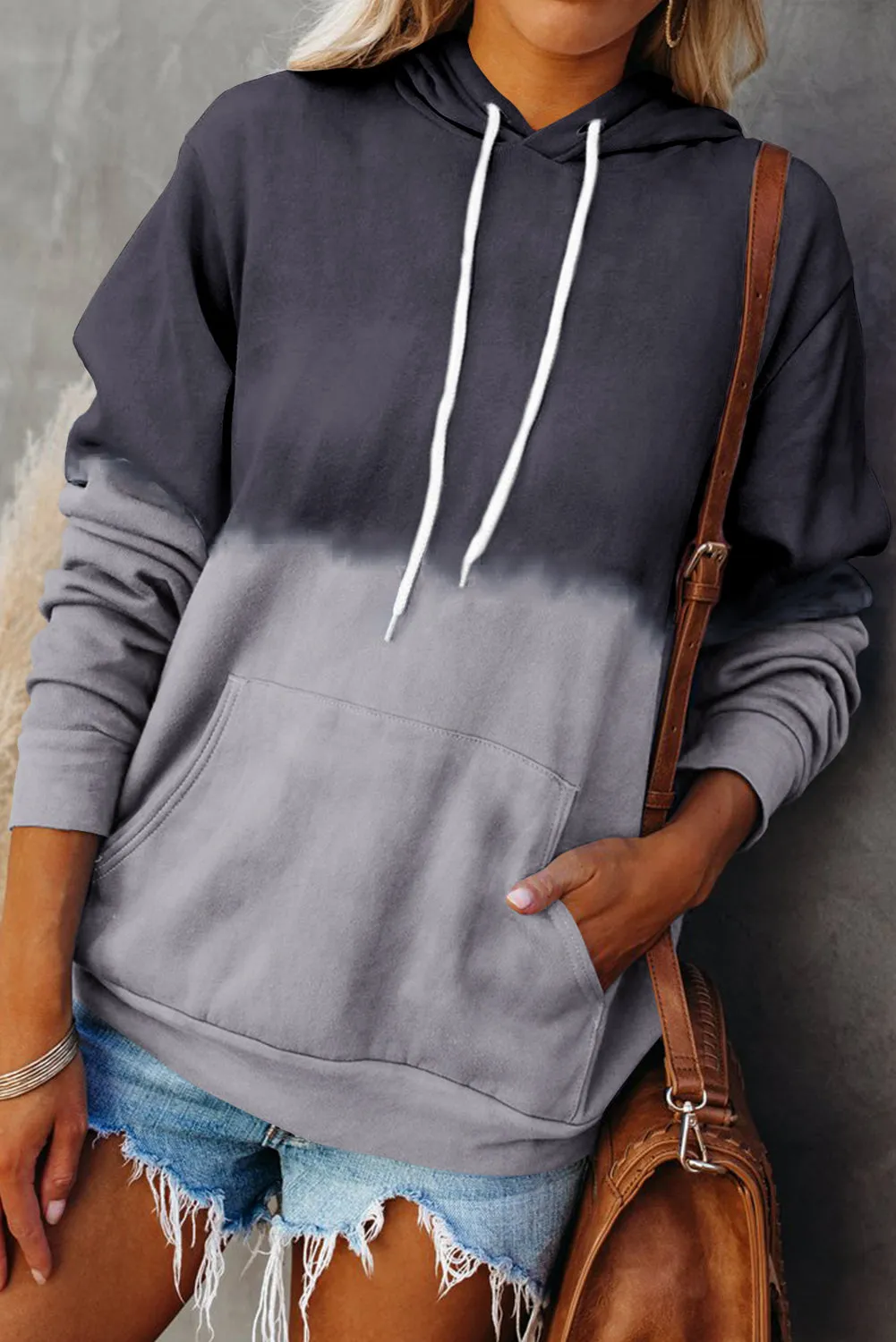 Dip-Dye Colorblock Kangaroo Pocket Drawstring Hoodie