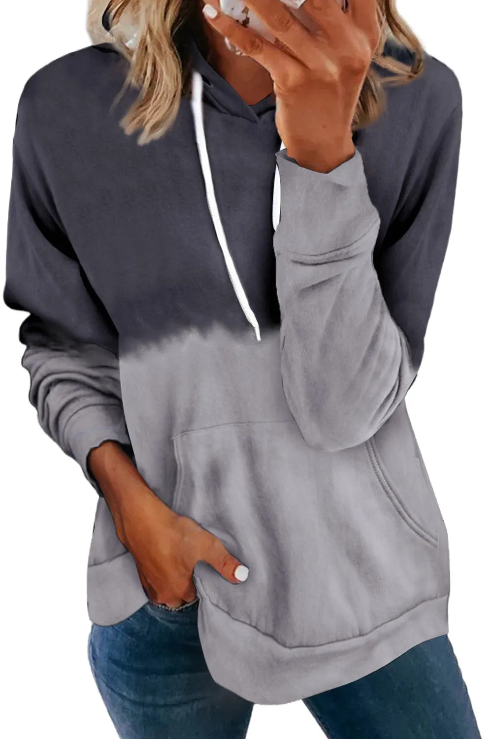 Dip-Dye Colorblock Kangaroo Pocket Drawstring Hoodie