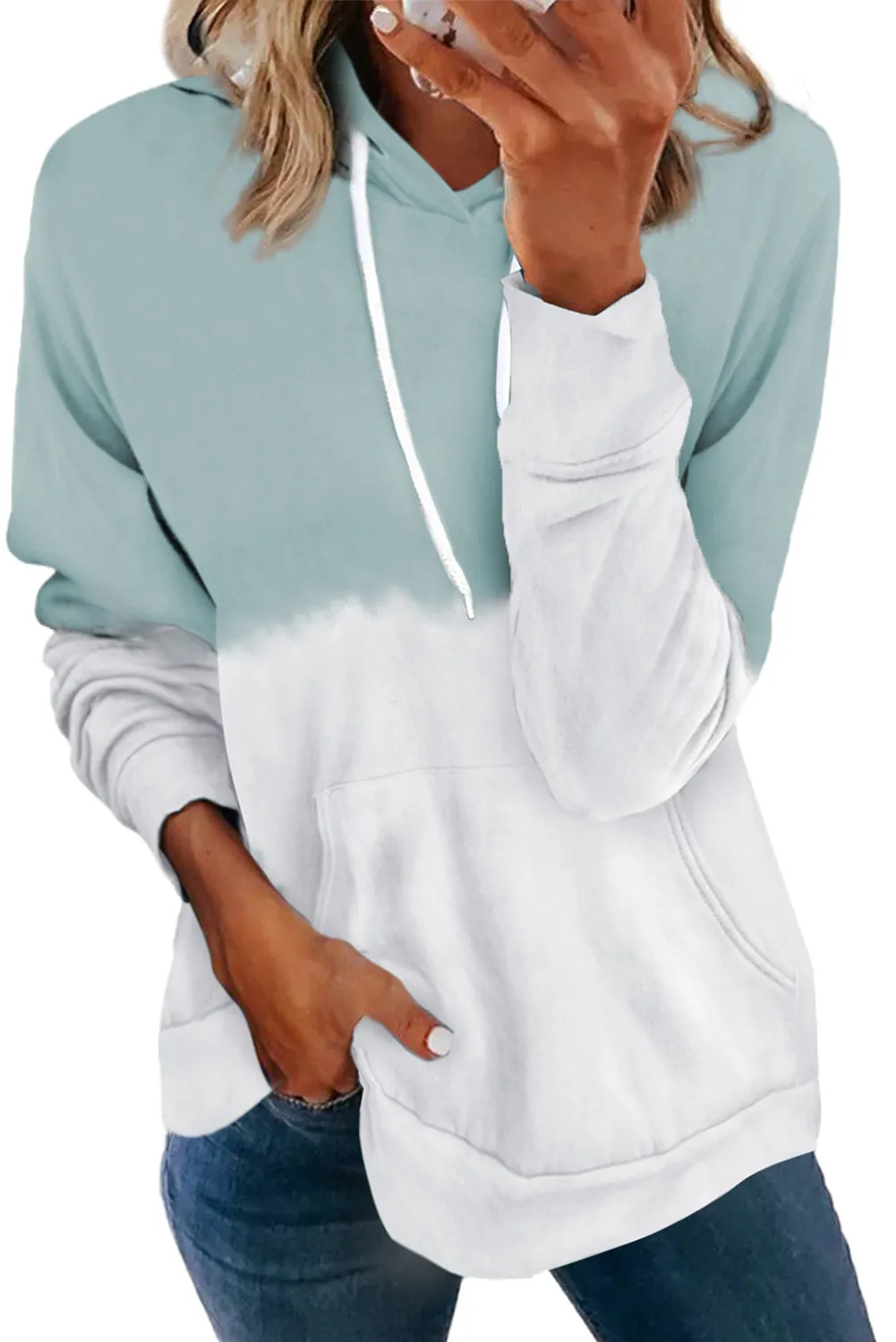 Dip-Dye Colorblock Kangaroo Pocket Drawstring Hoodie