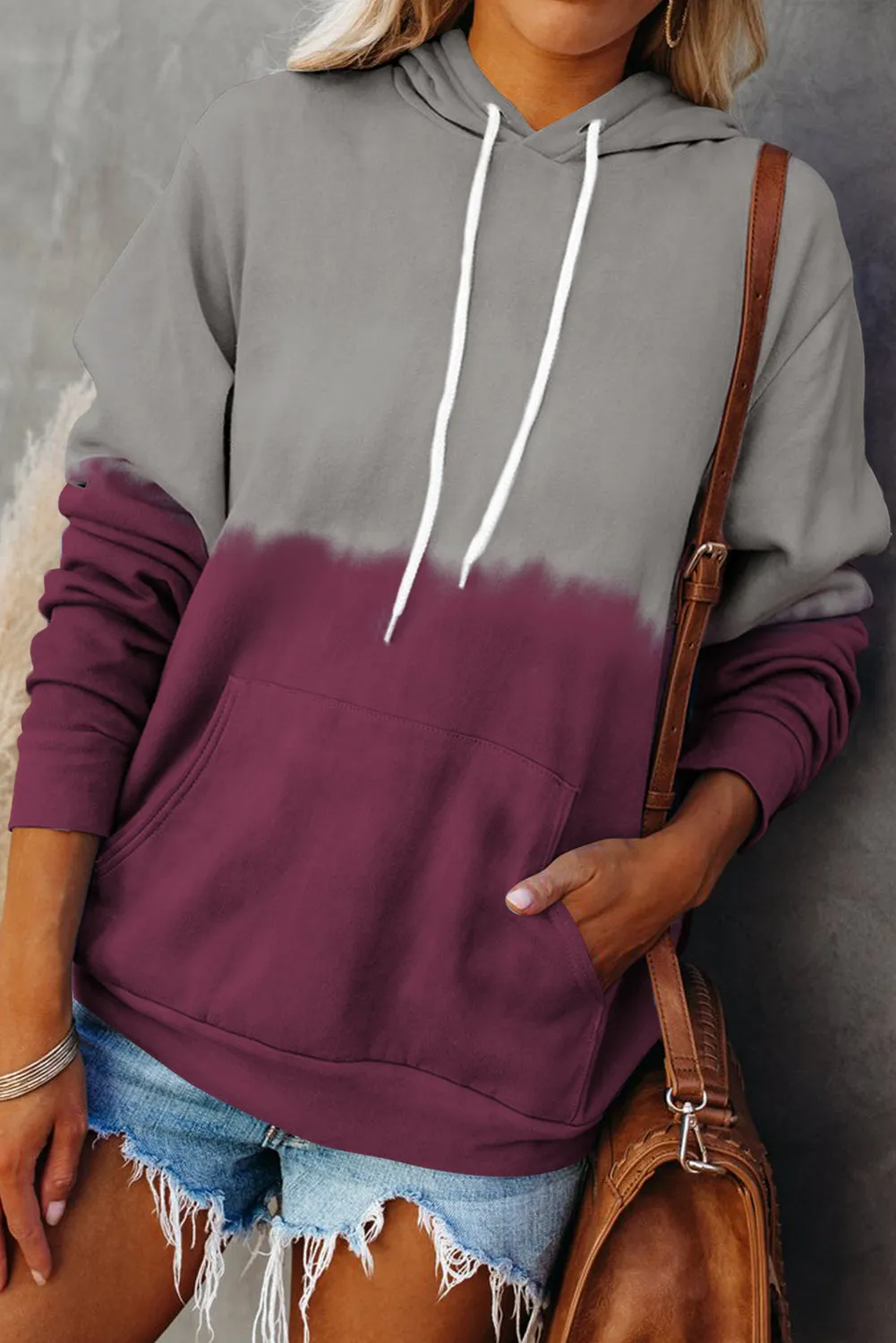 Dip-Dye Colorblock Kangaroo Pocket Drawstring Hoodie