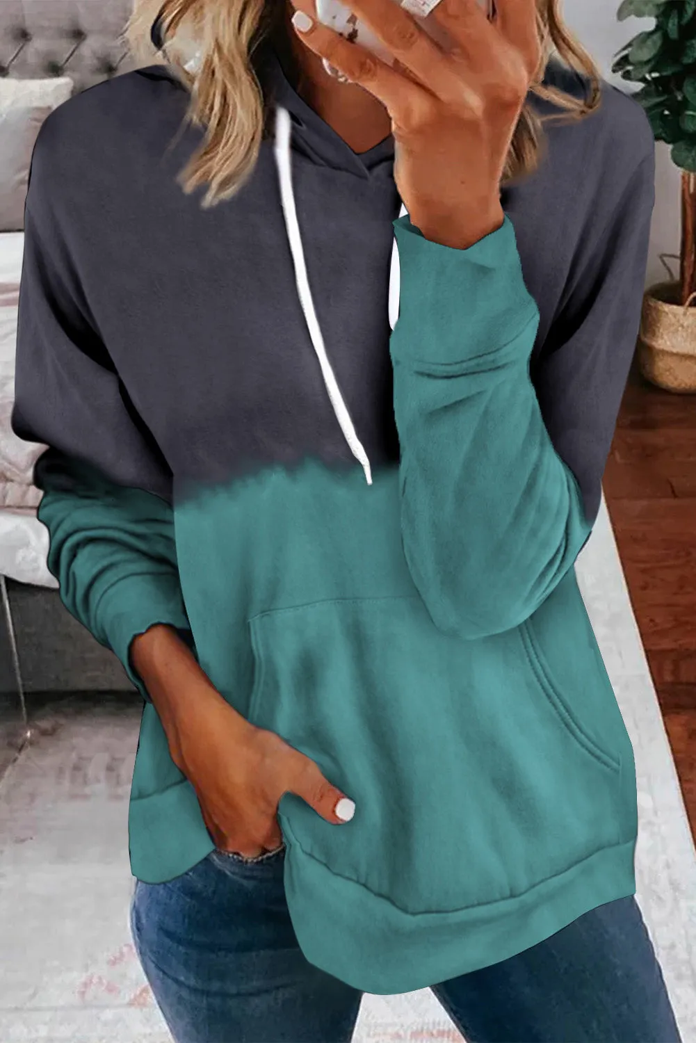 Dip-Dye Colorblock Kangaroo Pocket Drawstring Hoodie