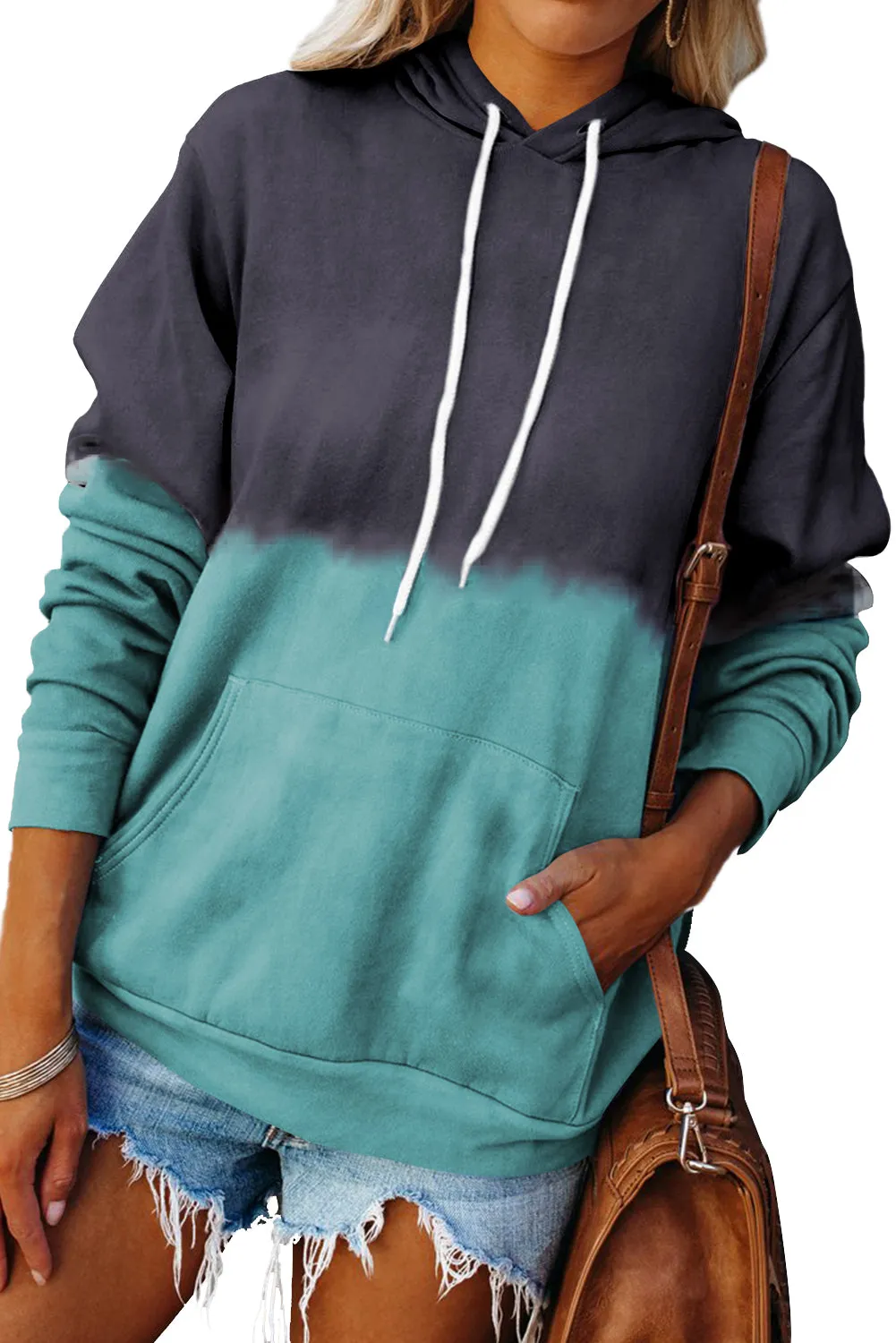 Dip-Dye Colorblock Kangaroo Pocket Drawstring Hoodie