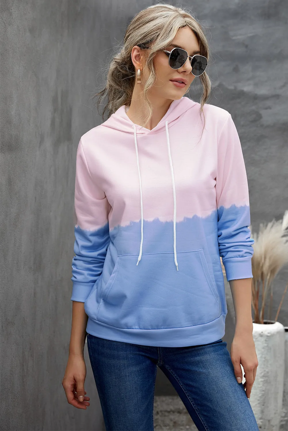 Dip-Dye Colorblock Kangaroo Pocket Drawstring Hoodie