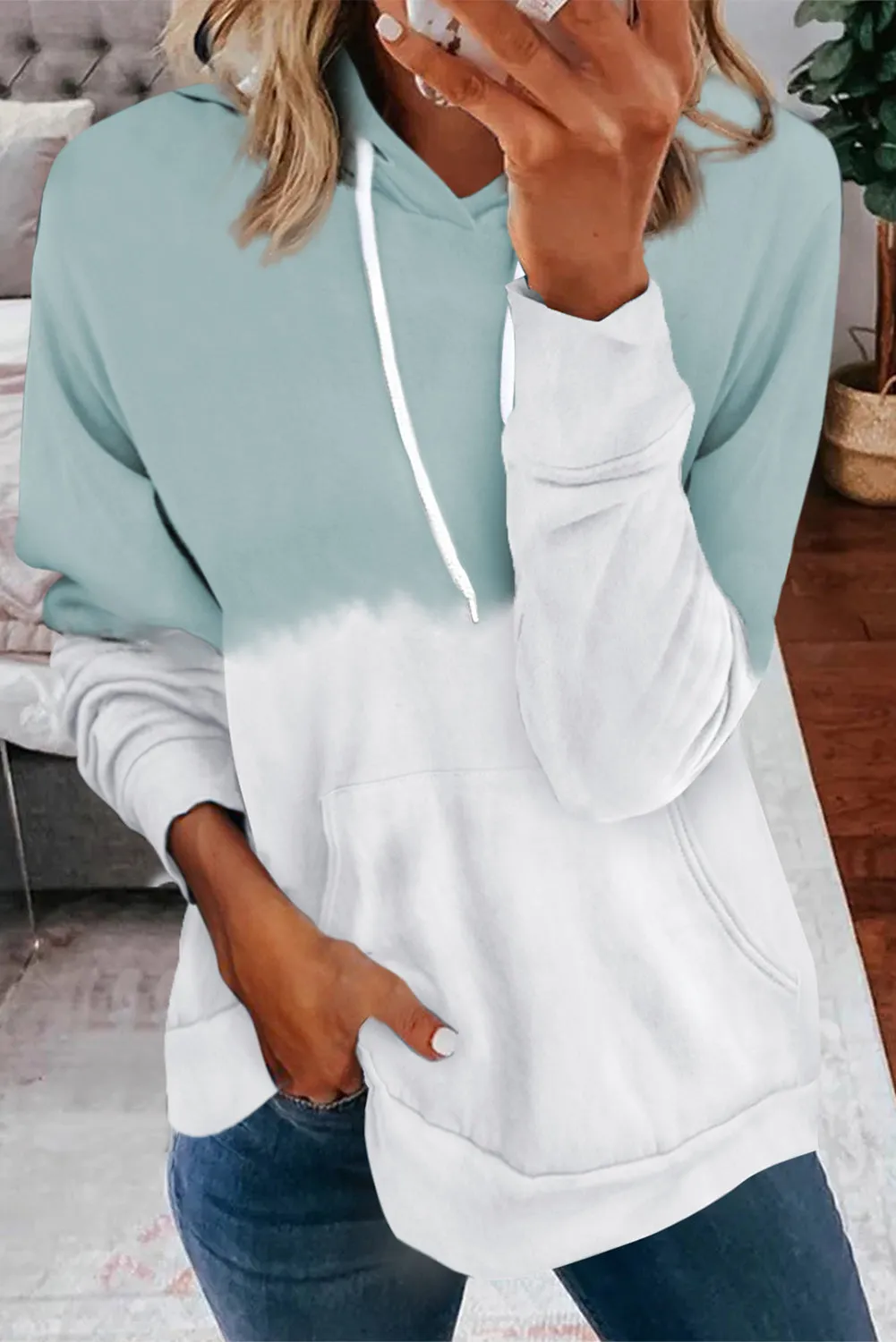 Dip-Dye Colorblock Kangaroo Pocket Drawstring Hoodie