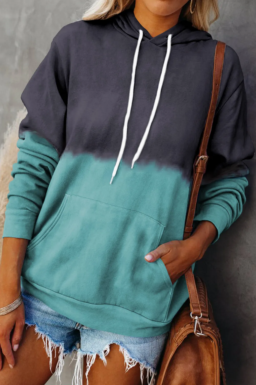 Dip-Dye Colorblock Kangaroo Pocket Drawstring Hoodie