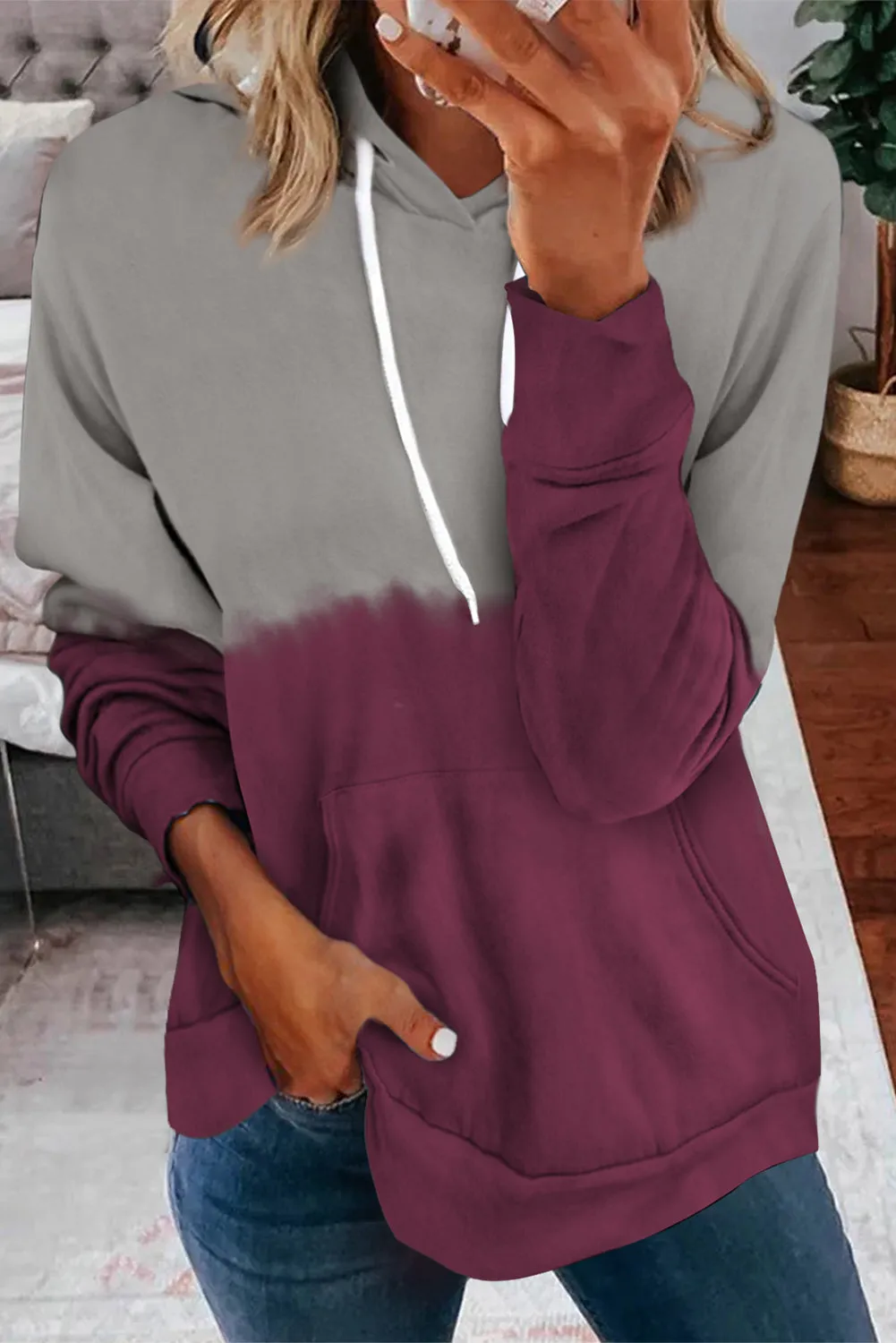 Dip-Dye Colorblock Kangaroo Pocket Drawstring Hoodie