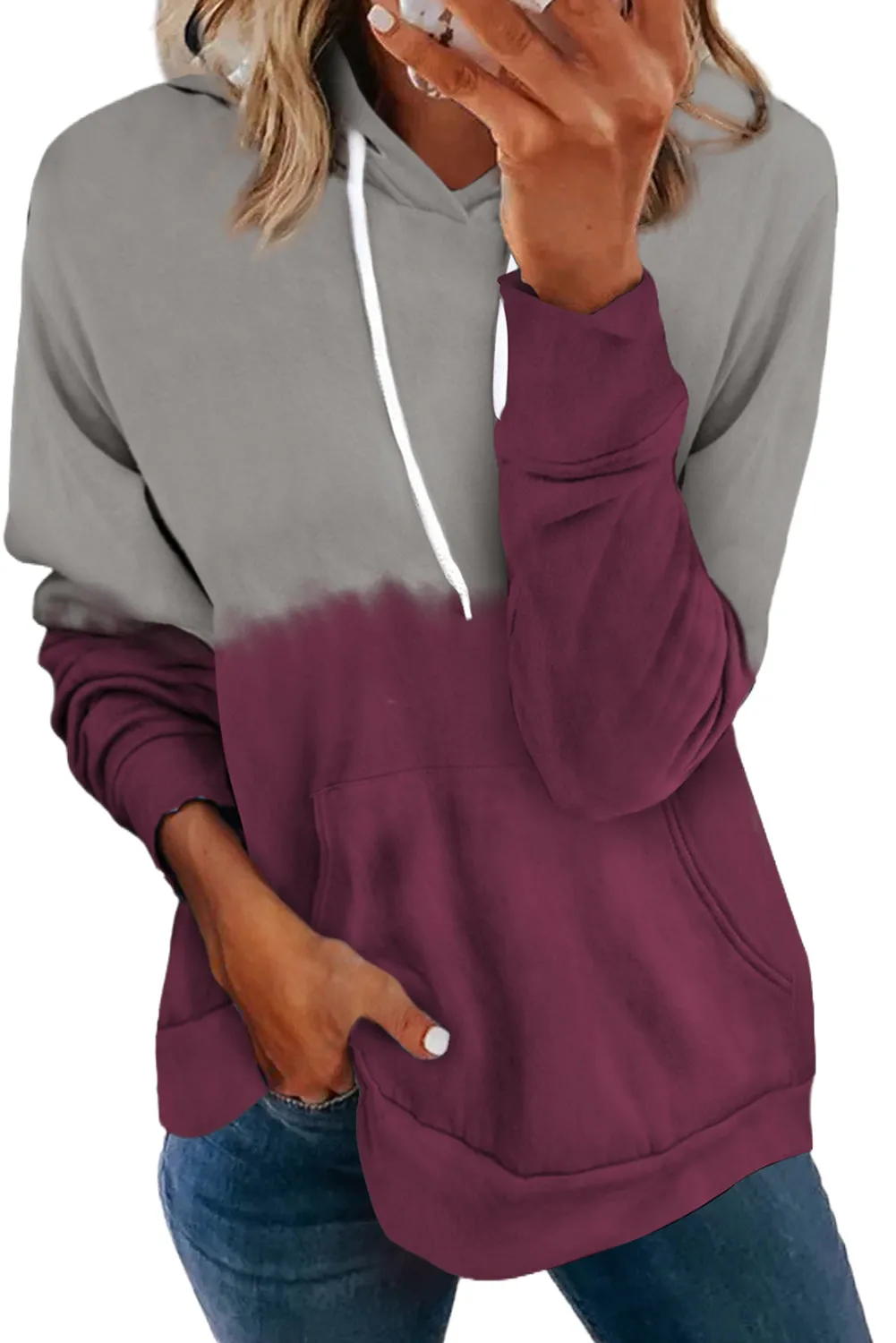 Dip-Dye Colorblock Kangaroo Pocket Drawstring Hoodie