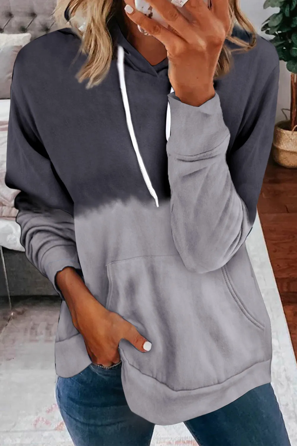 Dip-Dye Colorblock Kangaroo Pocket Drawstring Hoodie