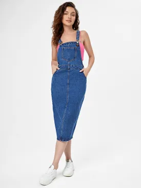 EZwear Slant Pocket Split Back Overall Denim Dress