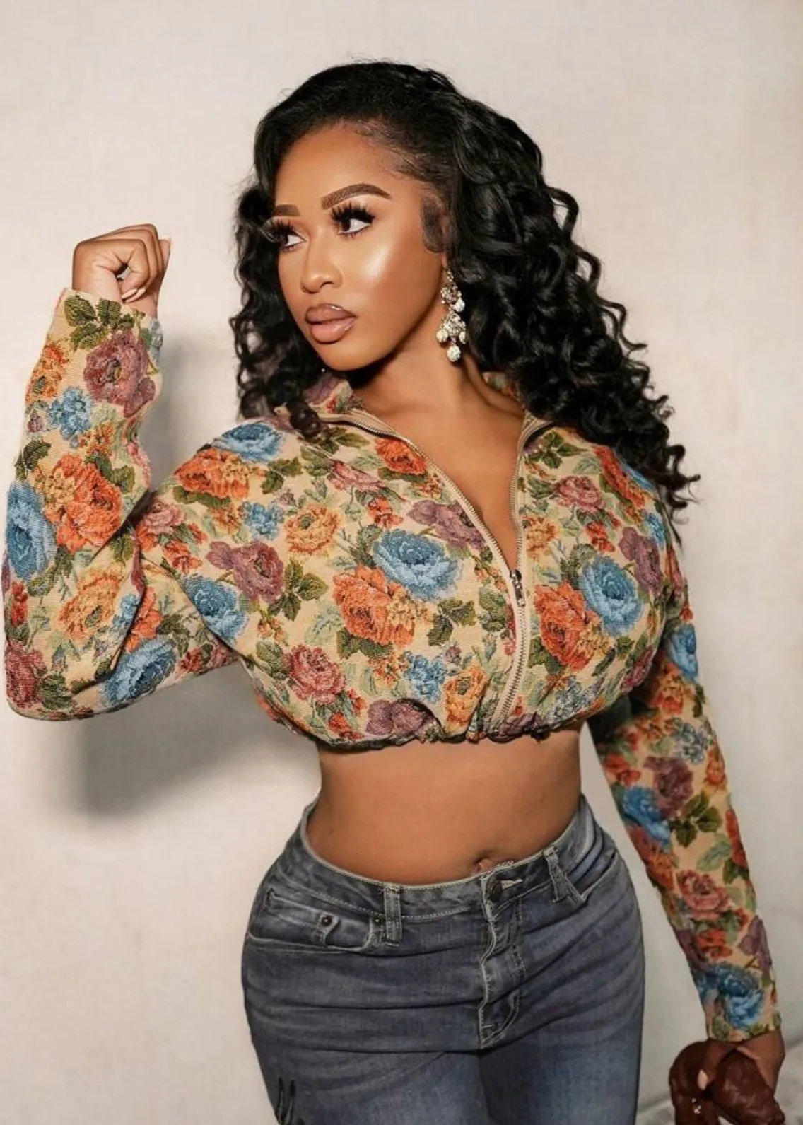 Floral Jacquard Drawstring Cropped Jacket