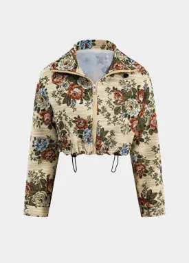 Floral Jacquard Drawstring Cropped Jacket