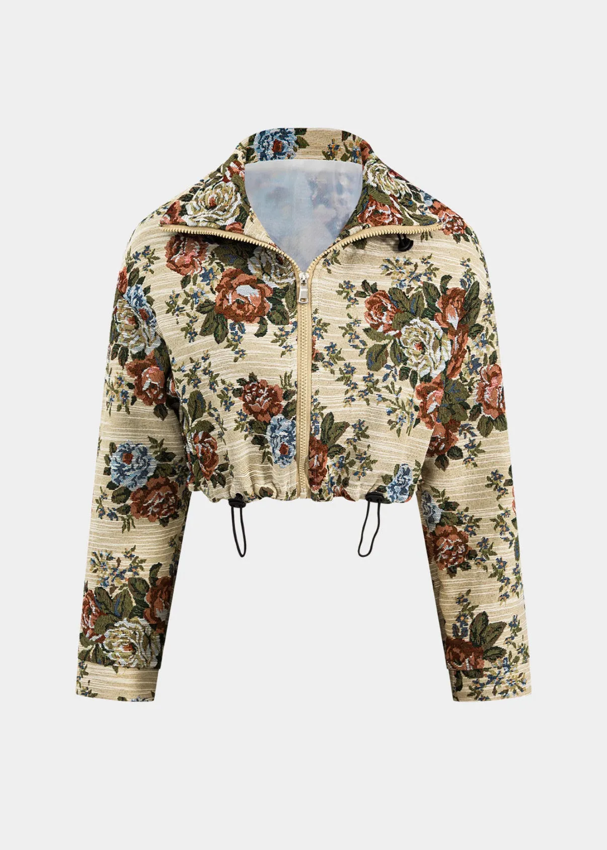 Floral Jacquard Drawstring Cropped Jacket