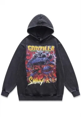 Godzilla hoodie monster cartoon pullover vintage wash jumper