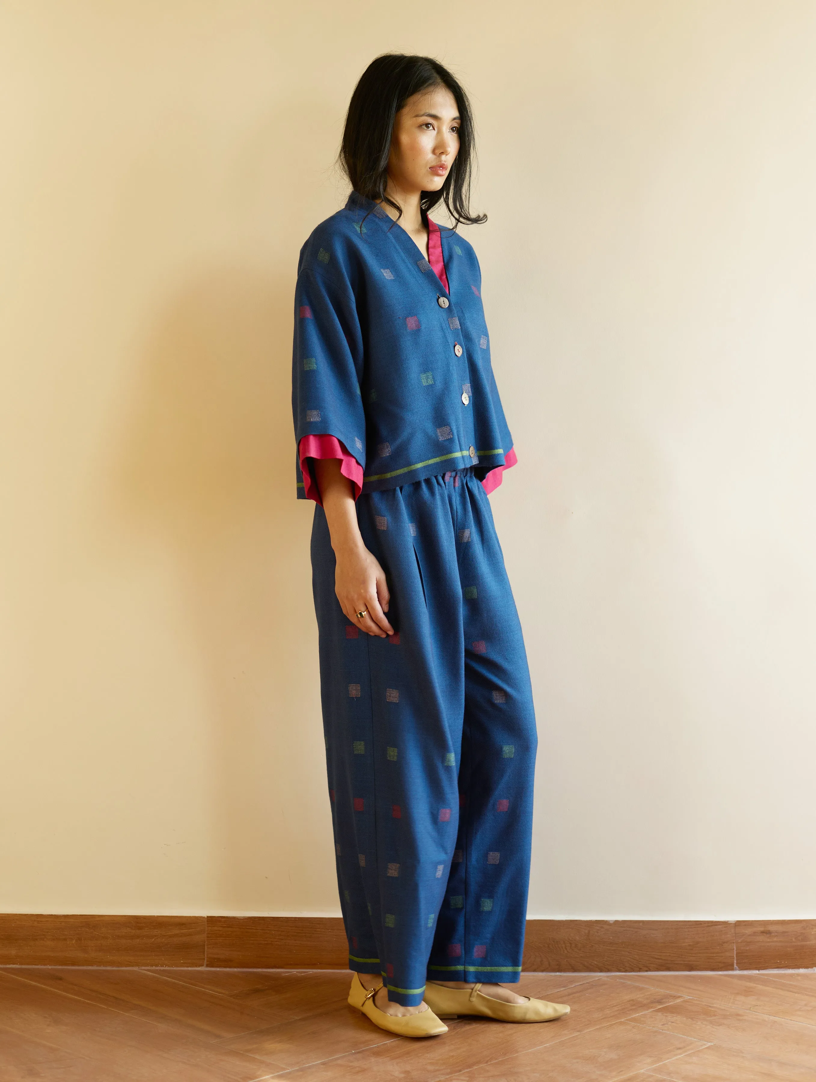 Haifa Jamdani Wool Co-ord Set - Navy