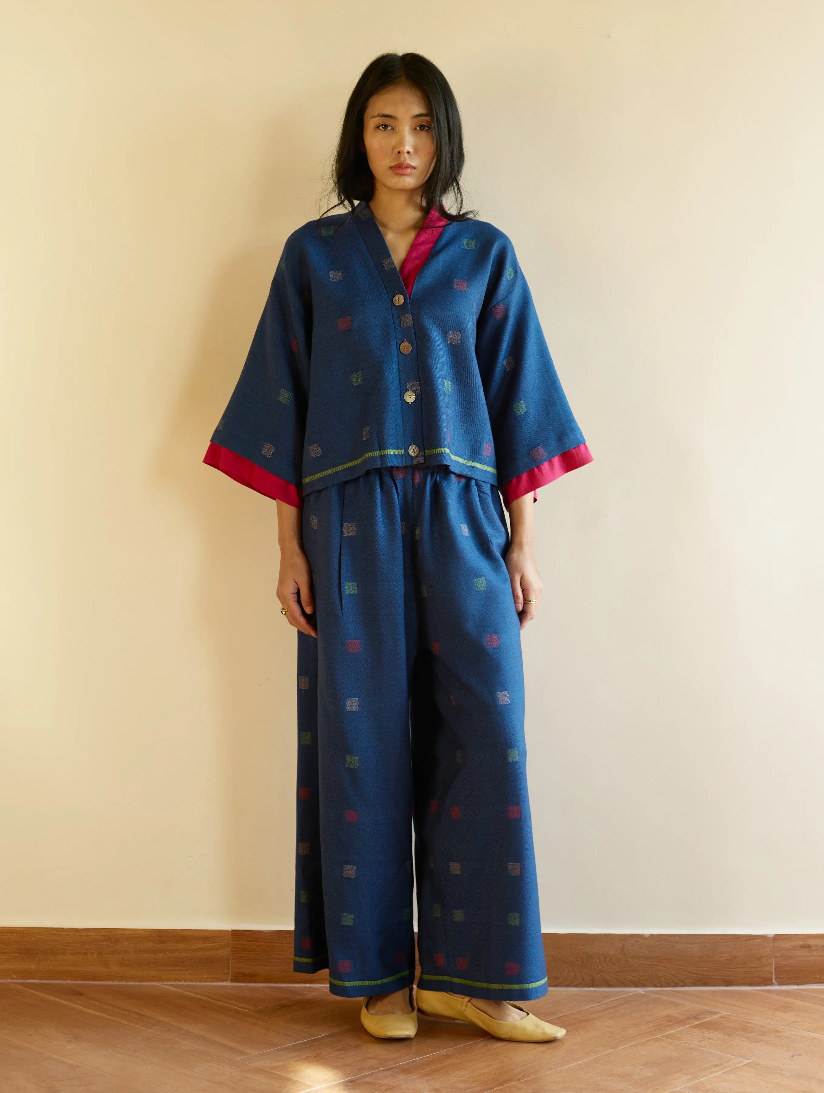 Haifa Jamdani Wool Co-ord Set - Navy
