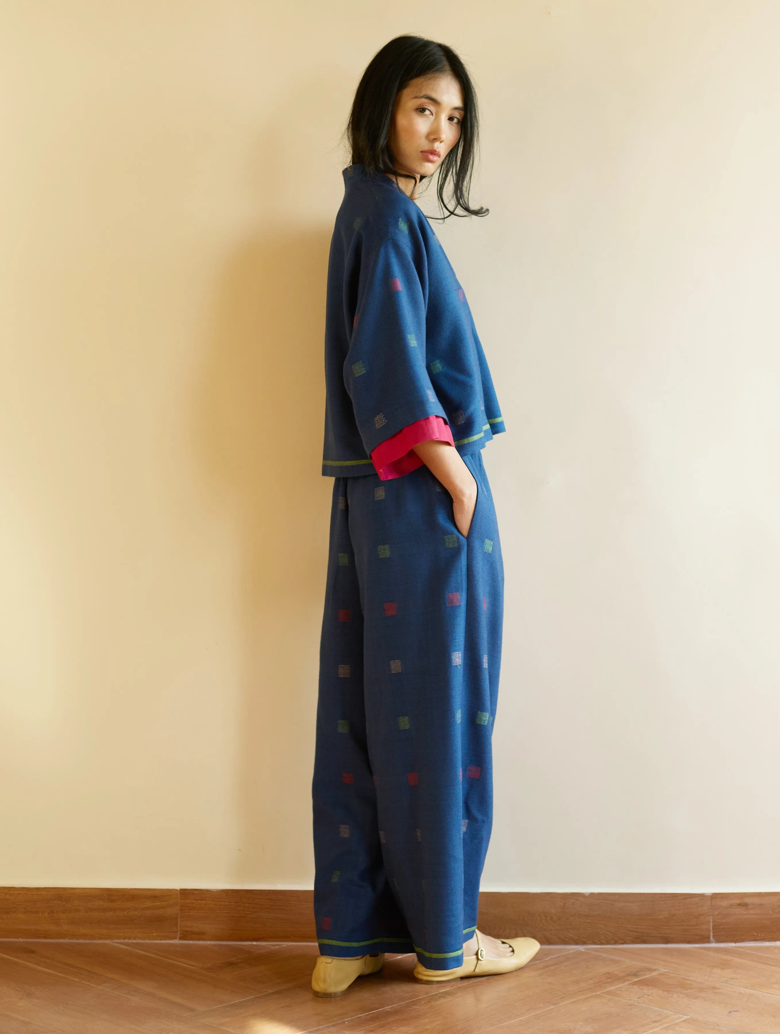 Haifa Jamdani Wool Co-ord Set - Navy