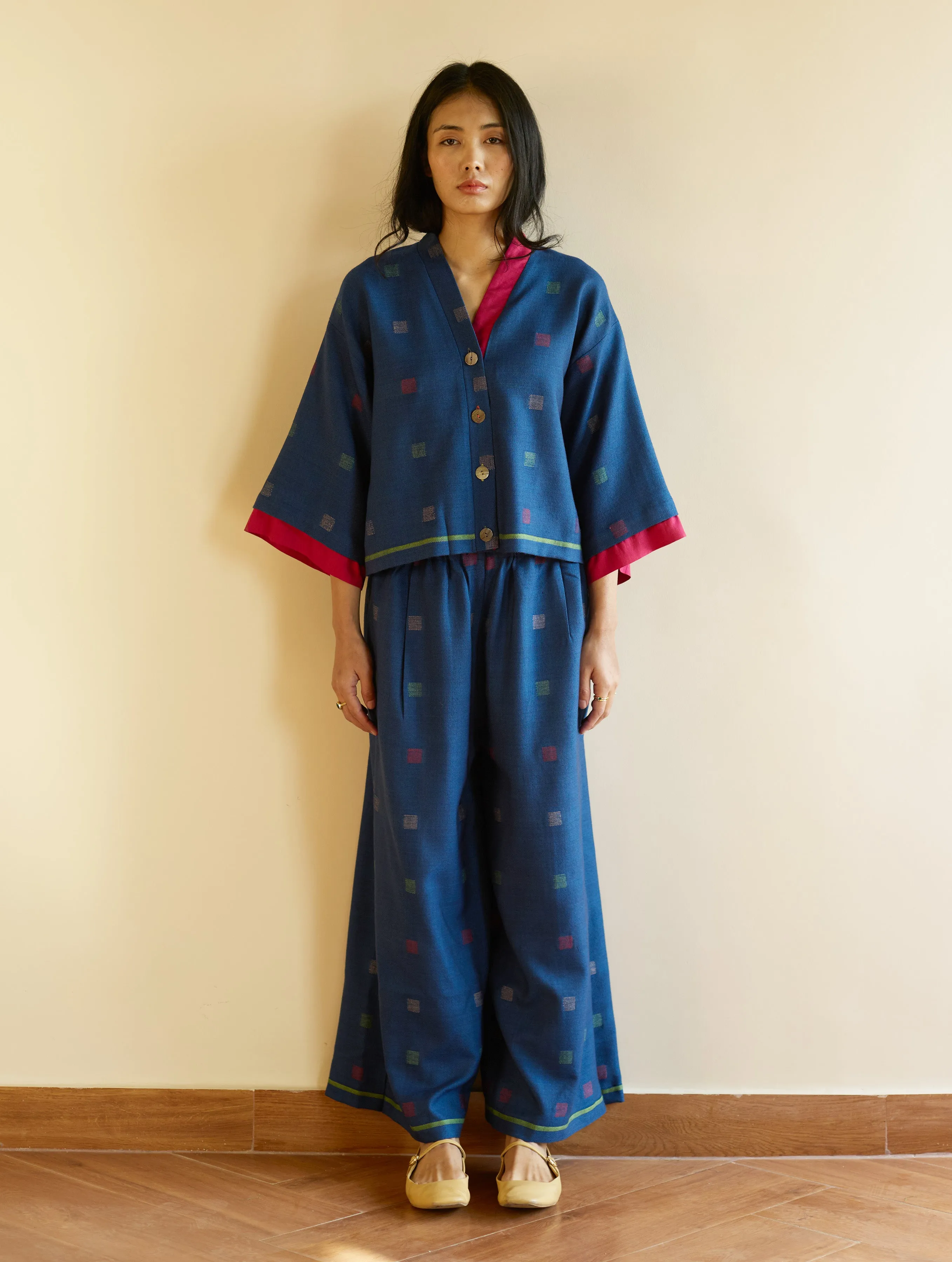Haifa Jamdani Wool Co-ord Set - Navy