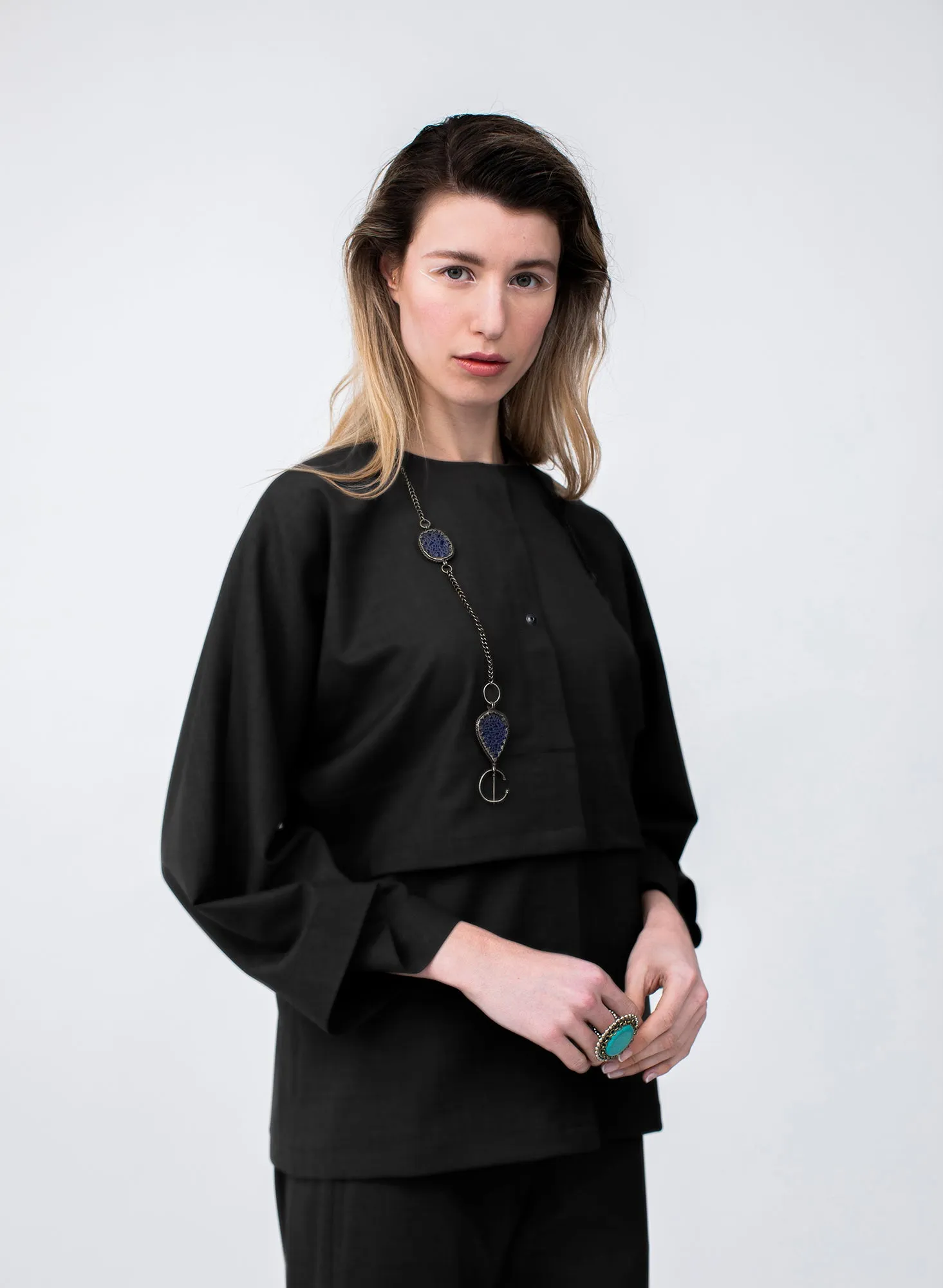 Kimono Shirt in black fine wool from Savile Row
