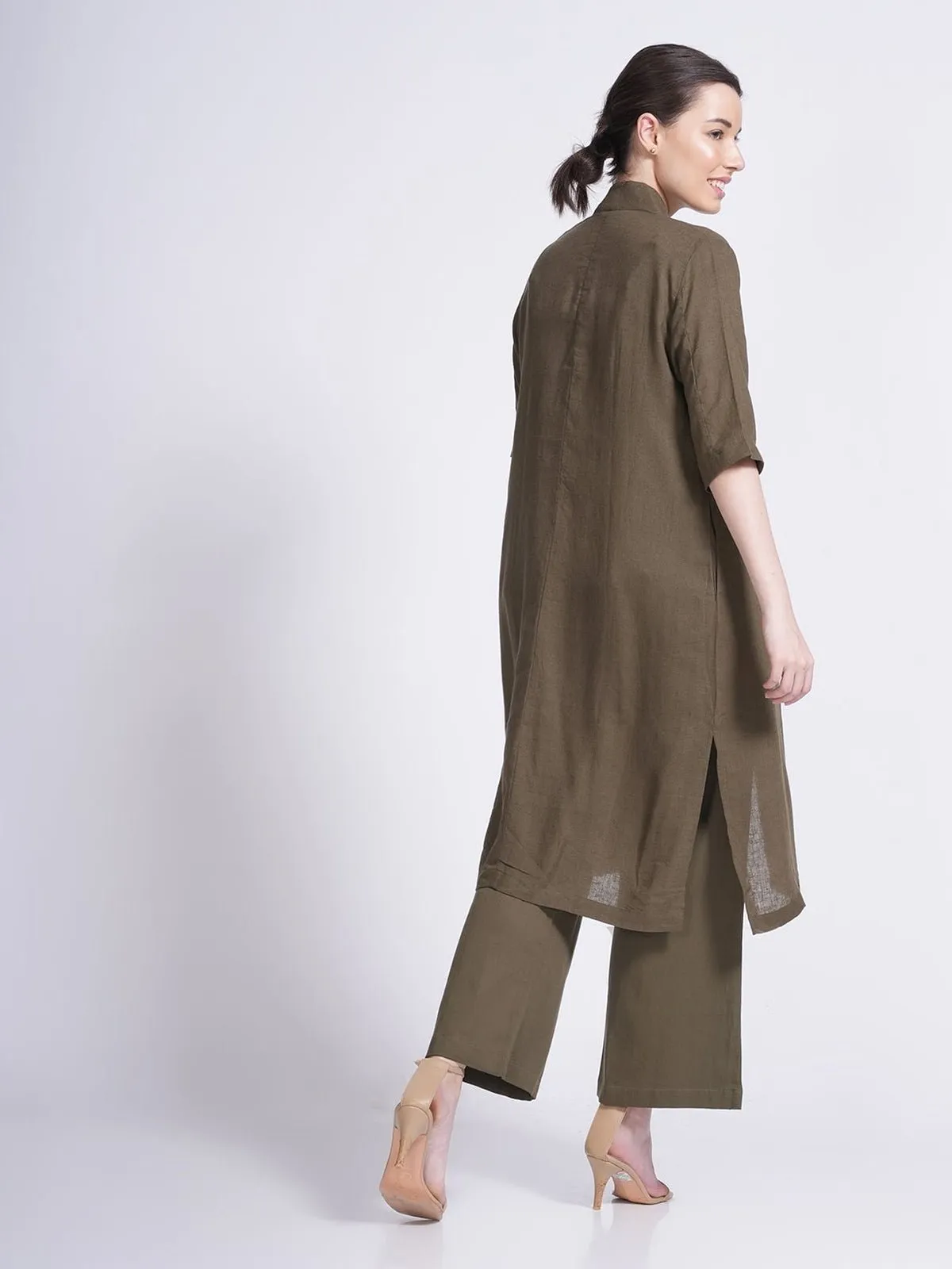 Linen Solid Long Shirt with Wide Leg Pant Co-ord Set