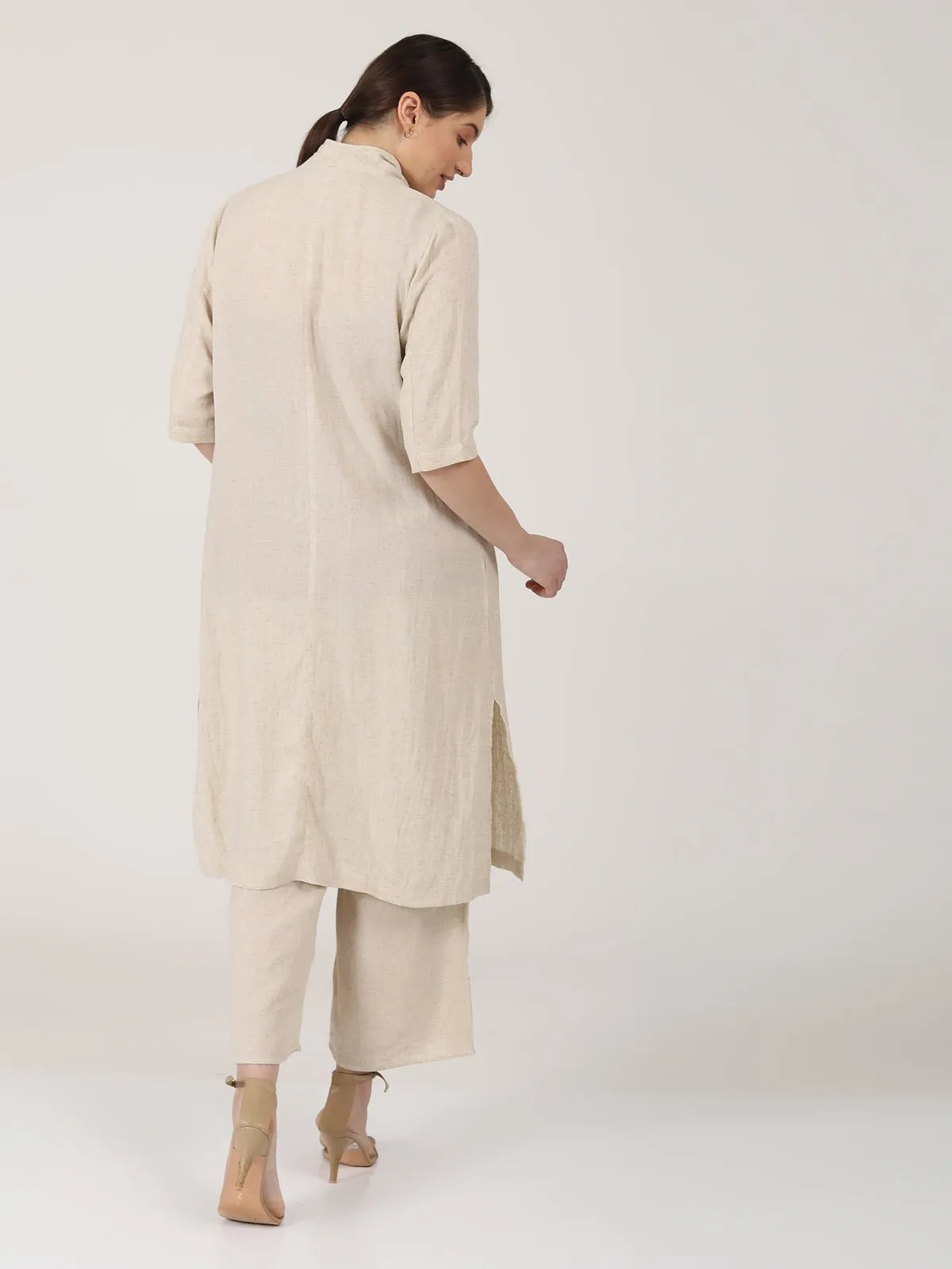 Linen Solid Long Shirt with Wide Leg Pant Co-ord Set
