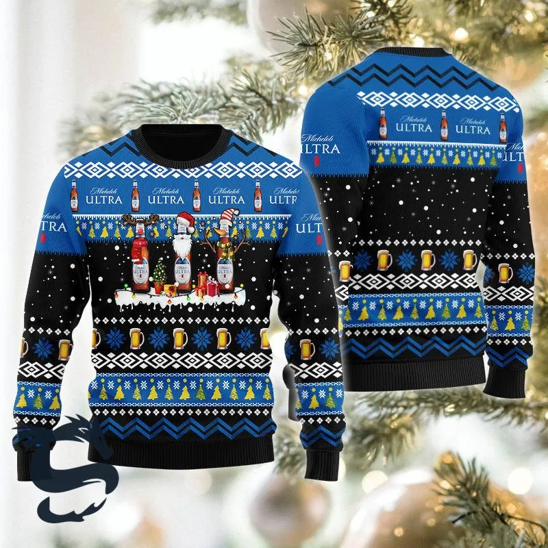 Michelob Ultra Santa Reindeer Snowflake Christmas Sweater