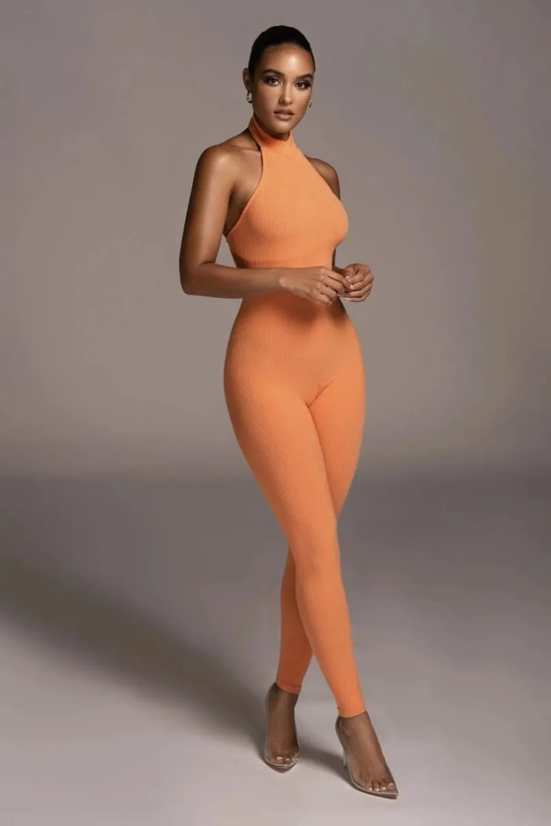 Orange Backless Halter Jumpsuit