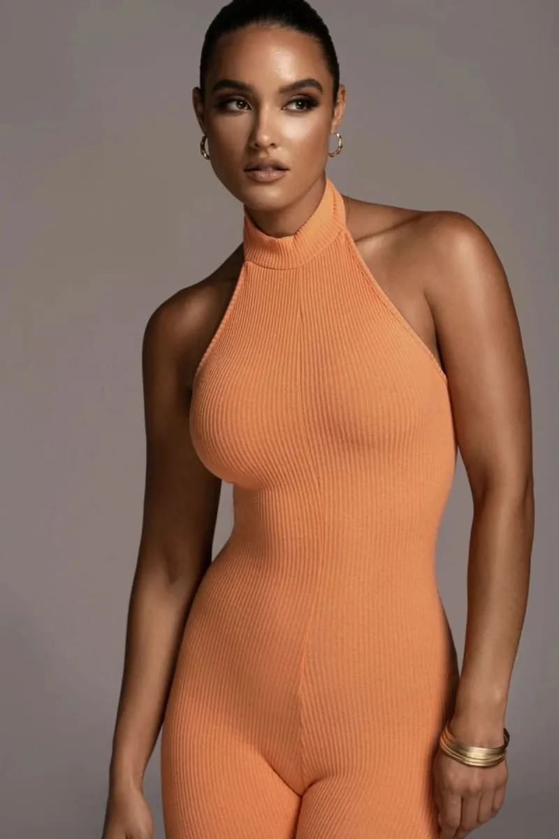 Orange Backless Halter Jumpsuit