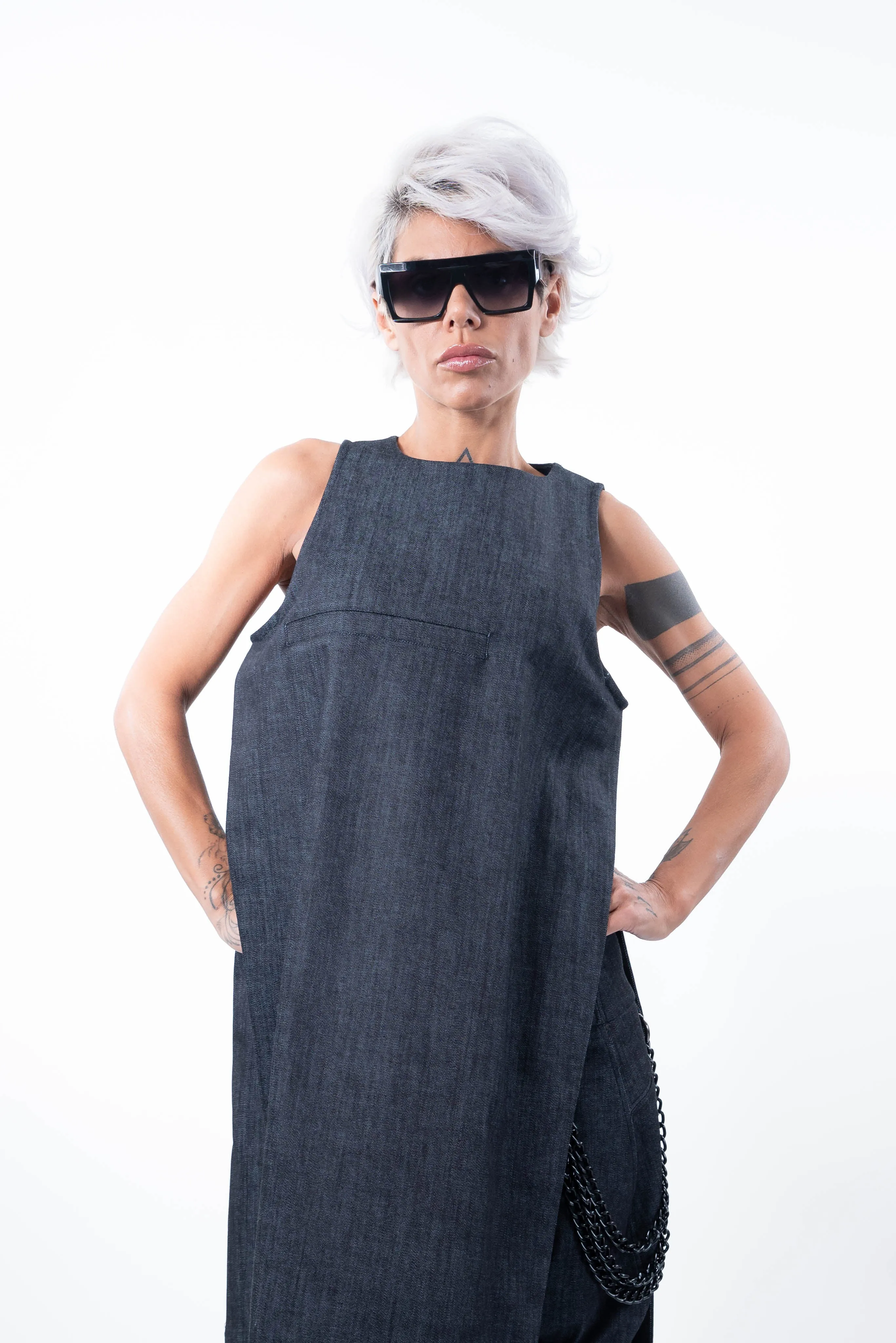 Plus Size Denim Sleeveless Tunic Dress