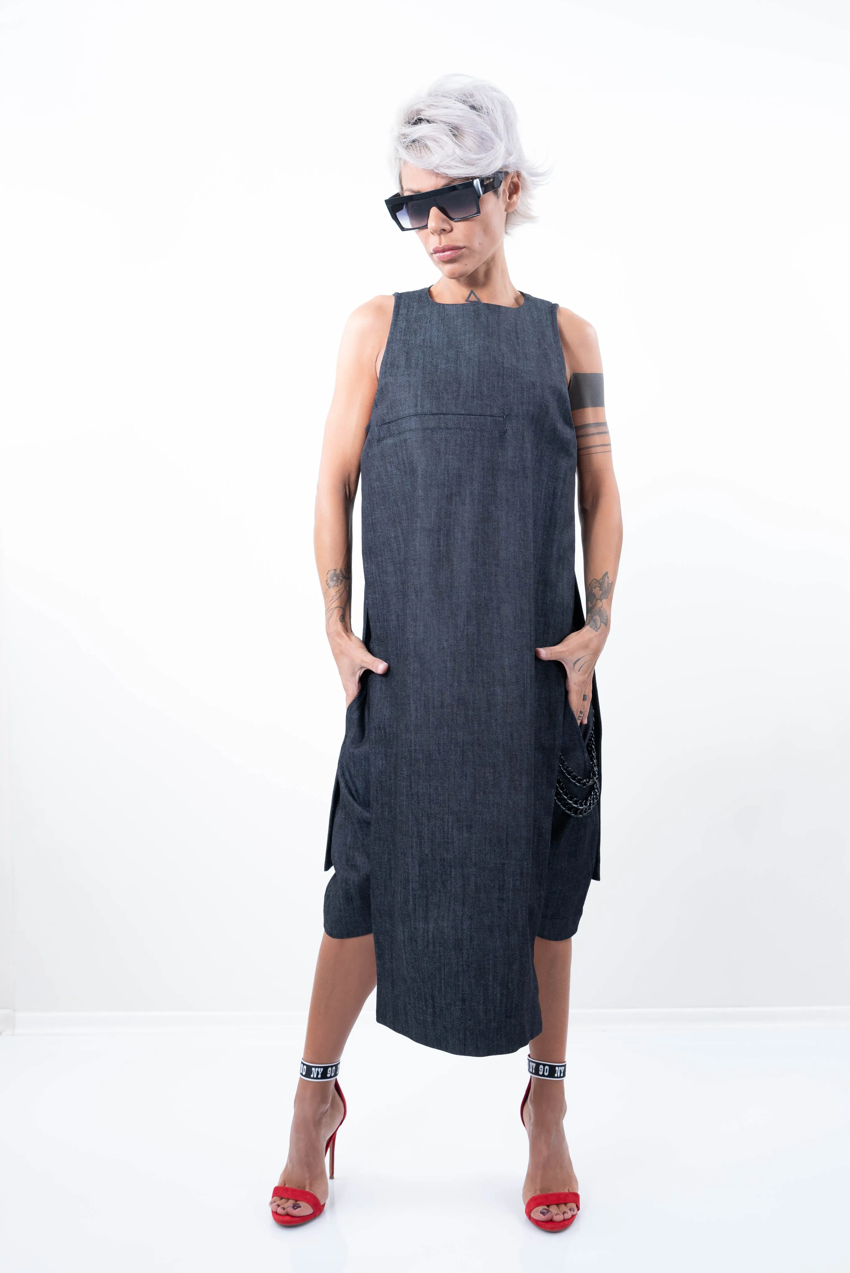 Plus Size Denim Sleeveless Tunic Dress
