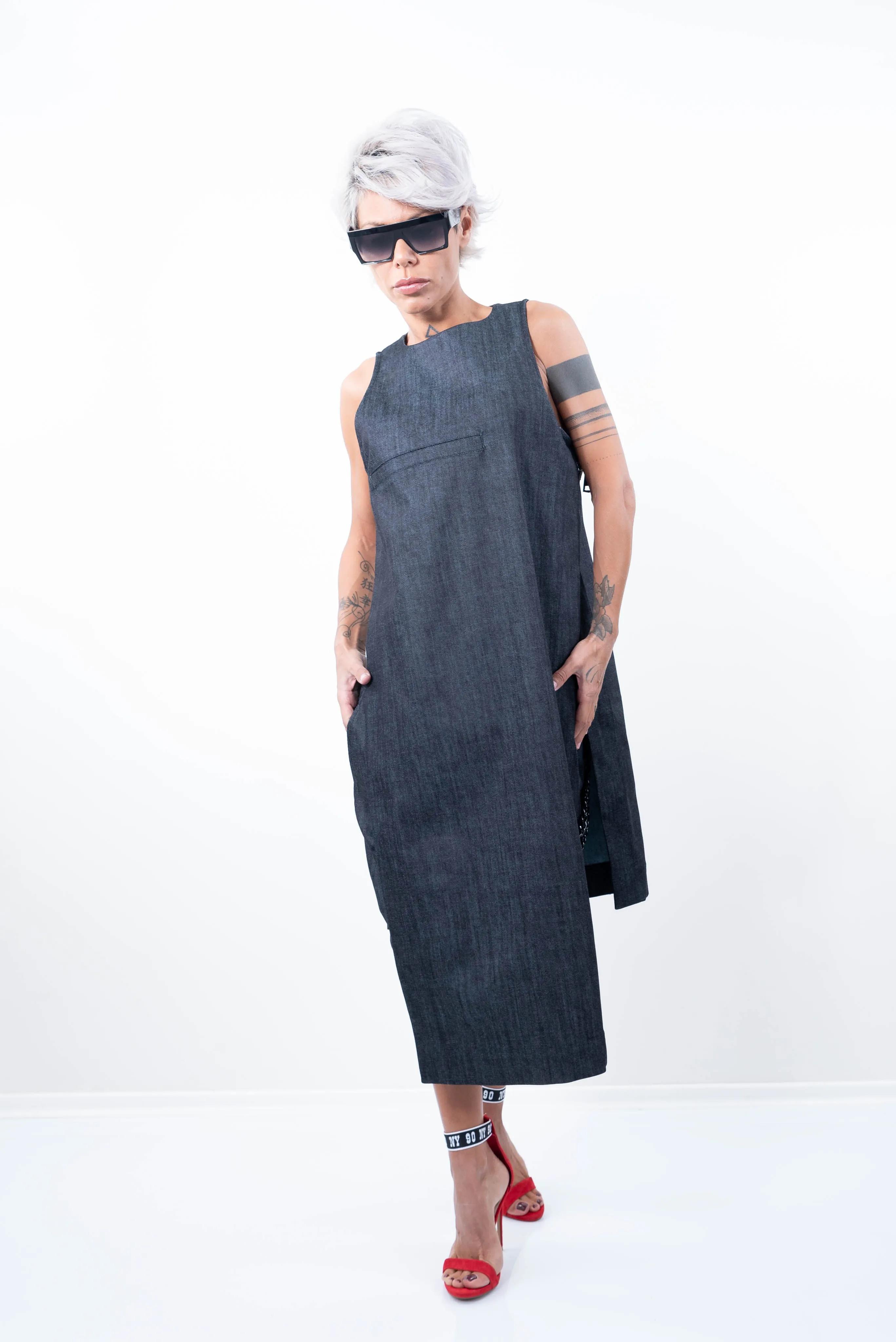 Plus Size Denim Sleeveless Tunic Dress