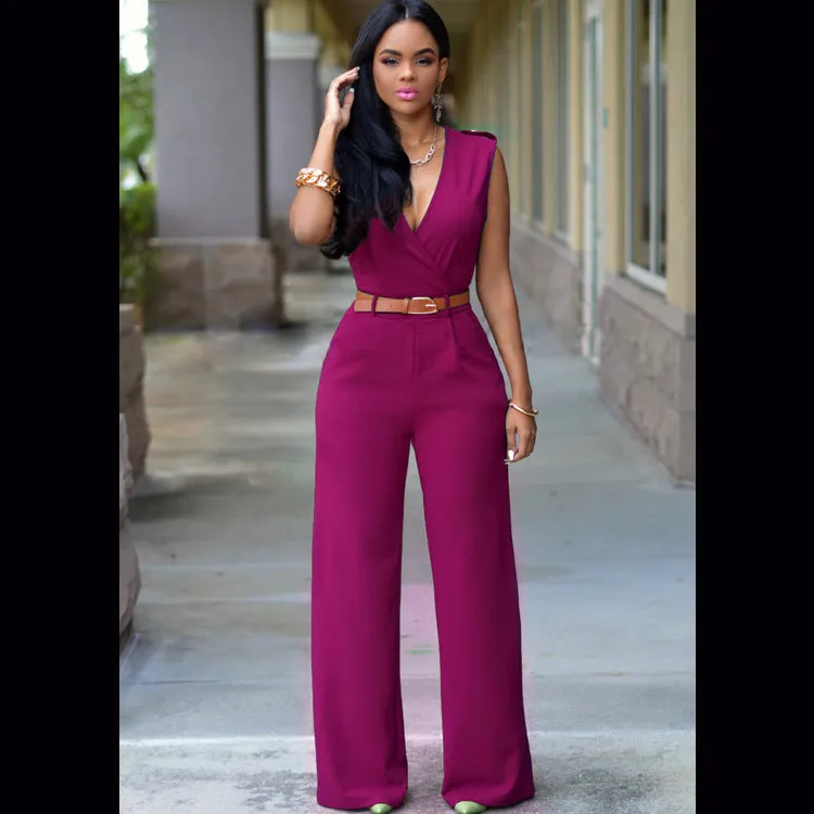 Sleeveless Plunge Neck Wide Leg Jumpsuit