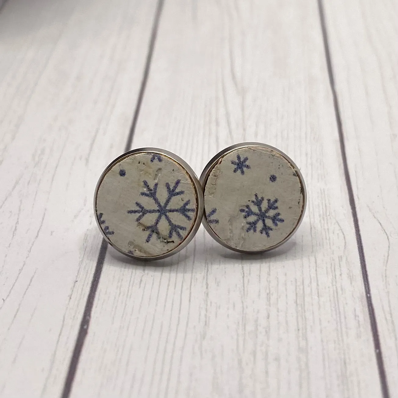 Snowflake Cork and Leather Stud Earrings