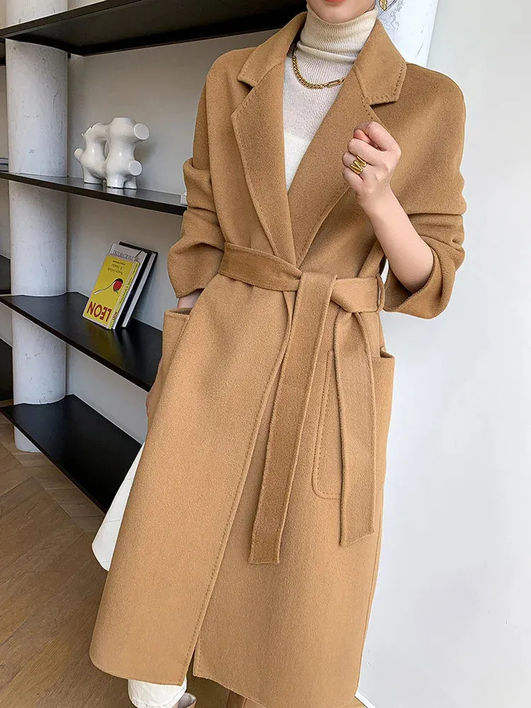 Solid Pocket Belt Tie Up Wool Long Coat